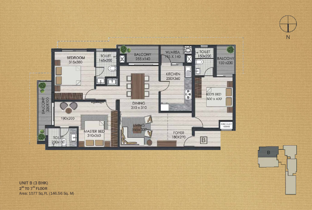 Unit B 3BHK (2nd to 7th)